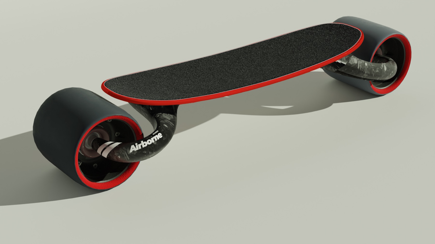 Airborne board rendering with black deck and coral accents